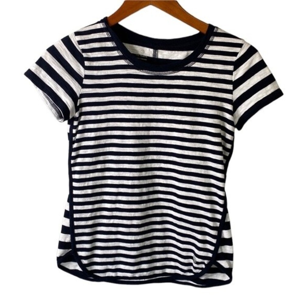 Talbots T By Talbots Stripe Short Sleeve Top Tee Crew Neck Trim Navy White